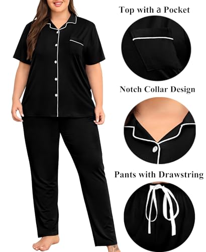 SWOMOG Women's Plus Size Pajama Set Short Sleeve Sleepwear Top and Pants Button Up Pajamas for Women Loungewear2