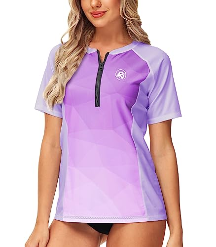 Image of AOBUTE Women Zip Rash Guard UPF 50+ Gradient Short Sleeve Swim Top Surf Shirts
