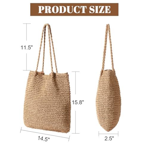 Image of Pleneal Straw Beach Bags for Women - Women Beach Handmade Woven Tote Bag, Summer Mesh Hollow Shoulder Bag for Holiday