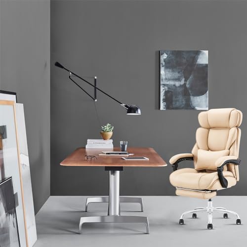 COLAMY Office Chair with Footrest, Ergonomic High Back Design Executive Computer Desk Chair with Removable Lumbar Pillow, 90-135°Reclining, Thick Bonded Leather for Home Office Work Comfort, Khaki