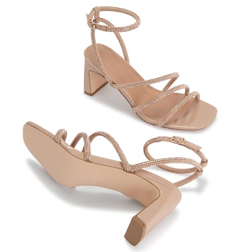 Image of CosyFever Women's Rhinestone Block Heels for Dressy Occasions, Strappy Ankle Strap Dress Heels, Square Toe Evening Heels for Wedding Guest, Prom, Party