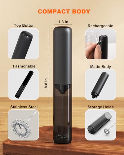 Image of Rechargeable Milk Frother Handheld with Cover, Electric Drink Mixer with Stainless Steel Whisk - Portable Hand Frother Wand for Matcha Latte Cappuccino & Hot Chocolate