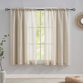 Home Brilliant Premium Linen Look Semi Sheer Net Curtains 45 inch Drop, Transparent Voile Curtains for Bedroom, 54 x 45 inch Drop, Set of 2