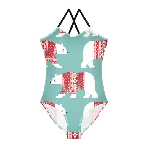 Girls One Piece Swimsuits Polar Bears in Winter Clothes Sport Halter Swimwear Beach Bathing Suit,7-8T
