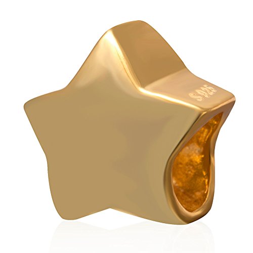 Heart Charm,Star Charm 925 Sterling Silver Beads Fit Pandora Style Bracelets, Love Firmly Dangle,Dangling Pendant for Necklace and European Snake Chain, Birthday Charm Gifts (Gold Star)