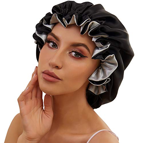 Aibilye Satin Bonnet Double Layer Sleep cap, Silk Bonnets for Black Women, Curly Cap for Sleeping Silk Sleep Cap Hair Bonnet (Black)