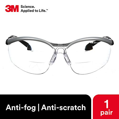3M Safety Glasses, Bx Dual Readers, +2.0, Ansi Z87, Anti-Fog Clear Lens, Silver/Black Frame, Adjustable Length Temples And Lens Angle #TOP3