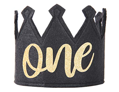WAWUO Black And Gold One Birthday Crown - 1st Party Hat and Supplies
