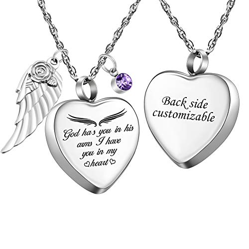 Dletay Personalized Heart Urn Necklace for Ashes with 12 Birthstones Angel Wing Cremation Jewelry for Ashes-God Has You in His Arms, I Have You in My Heart