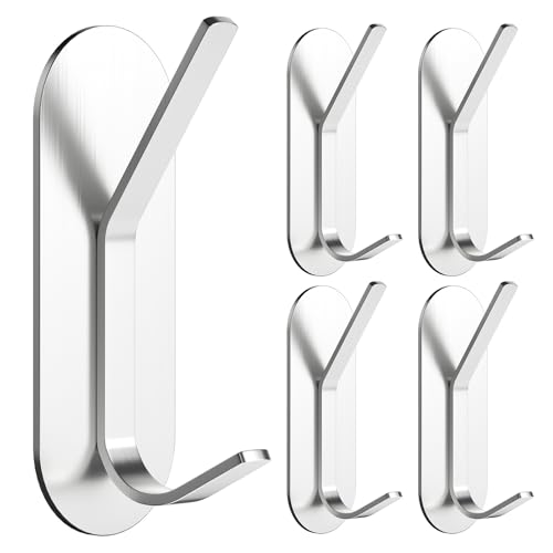 Alyvisun 5 Pièces Crochet Adhesif Mural, Autocollant Accroche Serviette Charge Lourde Accroche Torchon Cuisine en Acier Inox, Porte Manteau Mural Sans Percage pour Salle de Bain (Argent)