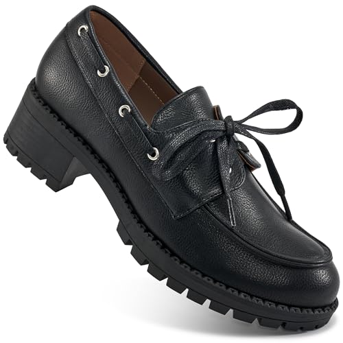 Image of Ablanczoom Platform Oxford Shoes for Women : Lace Up Women's Platform Chunky Loafers with Lug Sole Dress Shoes for Work Business Black