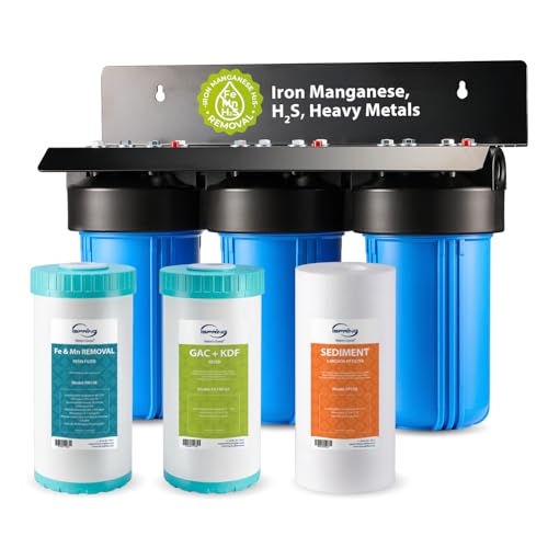 iSpring 3-Stage Whole House Water Filter System, Reduces Iron, Manganese, Hydrogen Sulfide, Heavy Metals, Chlorine, Sediments, 10” x 4.5” Filters, 1” Inlet/Outlet, Model: WGB31B-MKS