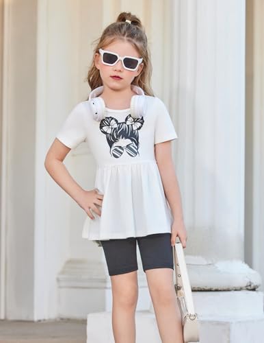 Image of Arshiner Girls Summer Outfits Short Sleeve Ruffle Hem Top and Biker Shorts Set Girl Clothes 4-15 Years