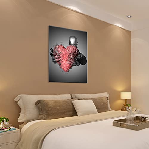 Framed Love Red Heart 3D Metal Sculpture Effect Romantic Couple Living Room Canvas Wall Art, Black And White Modern Abstract Embrace Lovers Painting Picture Poster Print Bedroom Living Room Bathroom Hotel Valentine's Day Ready To Hang 12X16Inch #TOP5