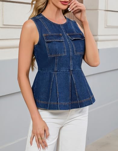 Kedera Denim Vest Crew Neck Sleeveless Crop Tank Tops for Women Ruffle Hem Jean Vest Top 2025 Summer2