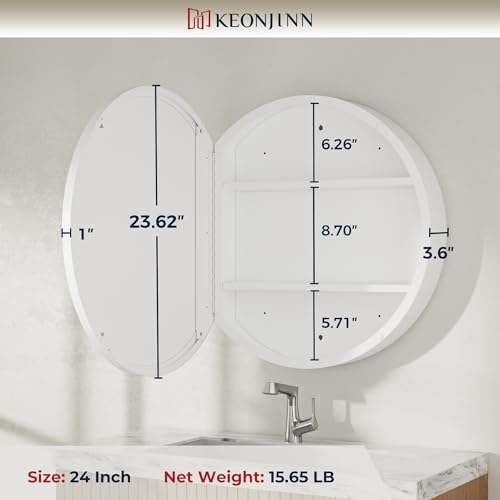 Image of Keonjinn 24 Inch White Round Medicine Cabinet with Mirror, Rust Resistance