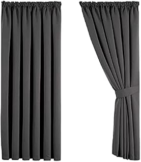 Aspire Homeware Blackout Curtains 90x90 Pencil Pleat Grey Curtains for Bedroom Thermal Insulated Super Soft Tape Top Living Room Black Out Curtain with Tiebacks, Pair Panel