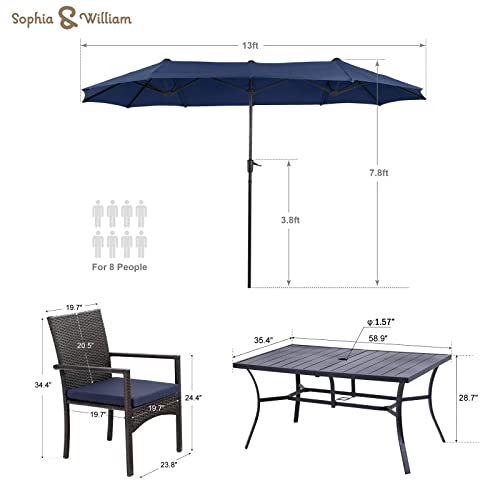 Sophia & William 7 Pieces Patio Dining Furniture With 13 Ft Navy Double-Sided Twin Umbrella, Outdoor Rattan Chairs & Metal Table Set With Cushions And 1.57 Inch Umbrella Hole For Backyard Porch Poolside thumb #8