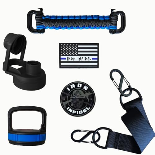 Iron Infidel Battle Pack - Accessories Kit for Battle Bottle - Water Bottle Cap Replacements for 64 Oz or 32 Oz | Wide Mouth Lid, Shoulder Strap, Paracord Handle, Morale Patch & Decal (Blue Line)
