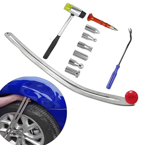 Car Dent Puller Kit, Manual Car Dent Remover PDR Kit, Auto Fender Paintless Dent Repair Tools with Big Curved Crowbar PDR Rod & Rubber Hammer for Motorcycle...