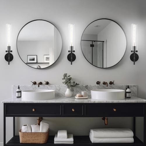 Image of Black Wall Sconces Set of 2, 19.5 inch Knurled Matte Black Bathroom Vanity Light Fixture with Clear Glass Tube, Modern Industrial Wall Lamp for Bathroom Mirror Bedroom Living Room Hallway Stairs