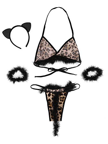 YIJIAN Ensemble de Lingerie imprimée léopard pour Femmes avec Bracelet en Plumes Bandeau d'oreille Chat (Color : Black, Size : One Size) Cover