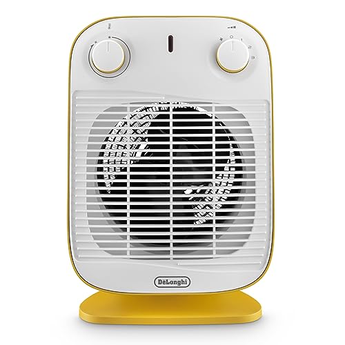 De'Longhi HFS50B20.YE Termoventilatore, Silenzioso e leggero, 3 livelli di potenza, ventilazione estiva, protezione antigoccia, maniglia, dispositivo di sicurezza, luce, protezione antigelo, Giallo