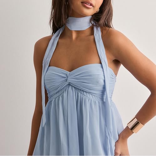 Image of Women Y2k Backless Long Dress Halter Tie Neck Maxi Dress Flowy Beach Sundress Summer Streetwear