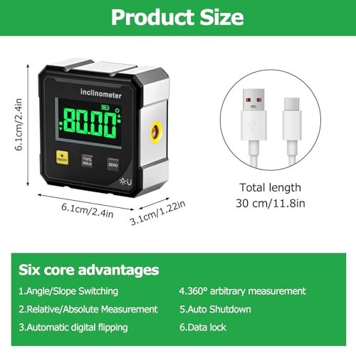 Digitale Wasserwaage, Digitaler Winkelmesser mit LCD Display, 4-seitiger magnetischer digitaler winkelmesser, Type-C Schnittstelle, für Holzarbeiten, Bau, Dekoration, DIY