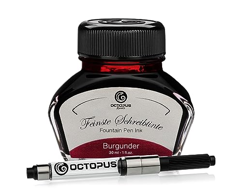 Octopus Fluids Füllhaltertinte im Tintenglas inklusive Konverter, Schreibtinte für Füllhalter, Füllertinte in Burgunder 30ml mit Tintenkonverter