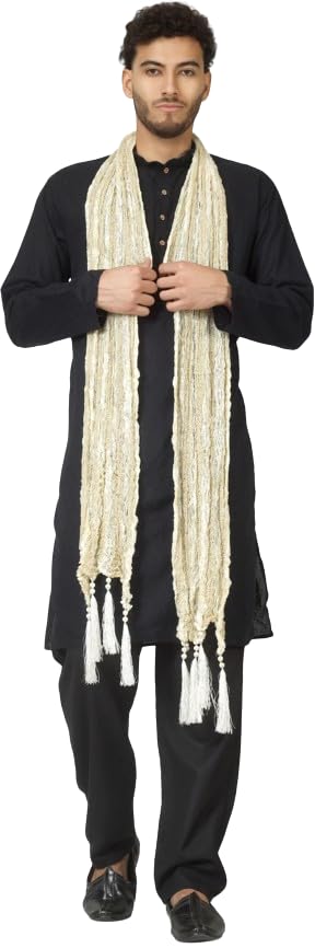 Men's Cream Muffler Stole with Tassel Fringe, Ethnic Wear-image-2