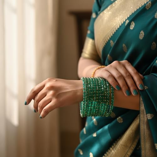Image of SUNDRAM Raindrop Glass Bangles Set for Women & Girls, Transparent Crystal Kanch Ki Chudi for Wedding & Party, Set of 12