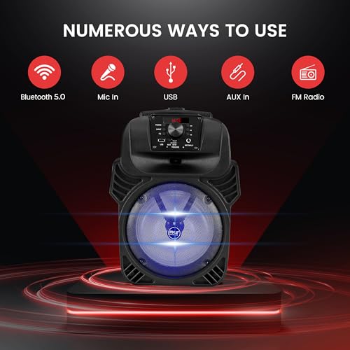 Image of Pyle 8 inch Portable Bluetooth Speaker | 500W Rechargeable Karaoke PA Speaker with LED Party Lights, Microphone Inputs, FM Radio, USB /MP3, Extendable Carry Handle | Includes Remote Control (Black)