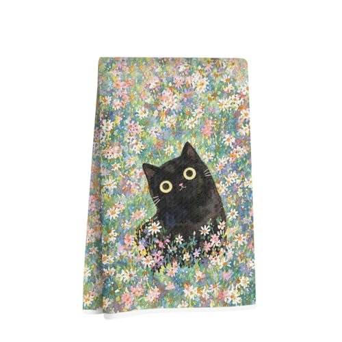 Image of Cute Cat Kitchen Towels 24x14 Inch, Cats Gifts Floral Reusable Dish Towels for Kitchen Bathroom Home Decor, Waffle Weave Absorbent Hand Cloth Tea Towel, Cat Lover Gifts for Women Mom Friend