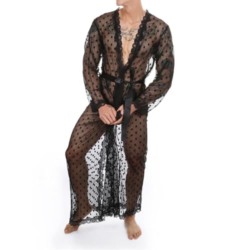 Men's Polka Spoint Sheer Lace Robe Lingerie Sexy See Through Mesh Sissy Nightwear Gay Nightgown Party Clothes2
