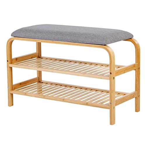 sogesfurniture Banc à Chaussures Etagère à Chaussures en Bambou Naturel de 2 Niveaux avec Coussin Confortable Idéal pour Entrée Couloir Chambre à Coucher Salon 69.5x30x45.5cm Cover
