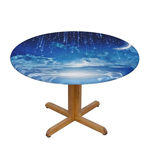Runde Tischdecke, Sternen- und Monddruck, wasserdicht, Antifouling-Tischdecke, geeignet für runde Tische, achteckige Tische (S: 122 cm) (M: 138 cm) Cover