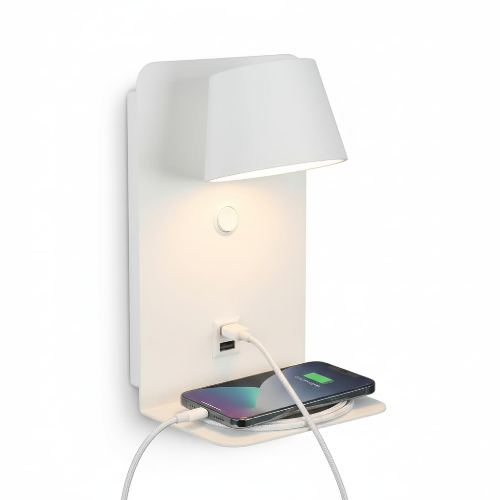 BARCELONA LED applique da parete LED bianca con USB e USB-C, lampada da lettura 6W orientabile 350°, con mensola per telefono, luce calda 2700K, per camera da letto, ufficio, scale, sala pranzo