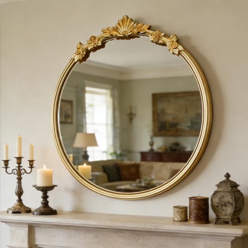 CozyDH Vintage Gold Round Mirror Decor - Decorative Antique Wall