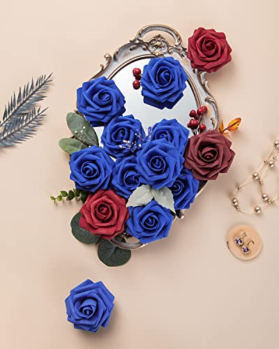 DuHouse 25Pcs Artificial Roses Flowers Fake Rose with Stems Real Touch Foam Flower Head for DIY Wedding Bridal Bouquet Baby Shower Centerpiece Floral Arrangement Party Home Decor(Royal Blue-A) - Image 2