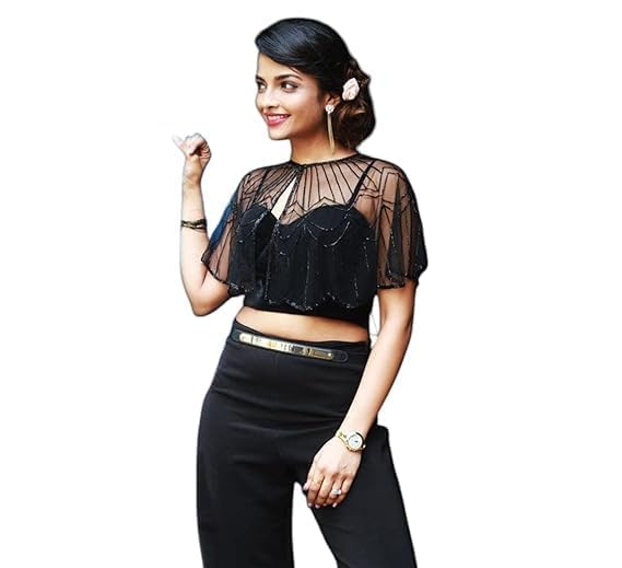 zarinivas Women’s Black Sequin Embellished Net Cape for Women | Sheer Open Front Cape Overlay Suitable With Saree, Gown, Crop Top & Pants, Tops & Skirts-picture-34