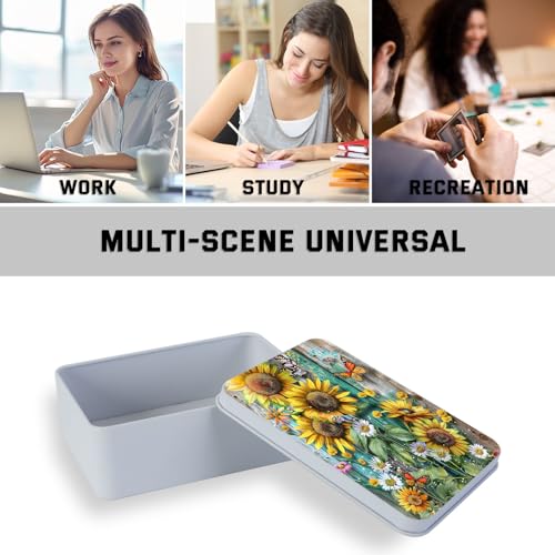 Image of Metal Tin Box with Lid, Sunflowers Daisies and Butterflies | Multi-functional Storage, Large Box, Can Store Tea Biscuits Game Cards Playing & Tarot Cards