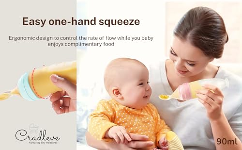 Image of CRADLEVE Squeezon Baby Food Feeder (90ml), First Feed Silicone Food Feeder, Soft Silicone Spoon, BPA-Free for Cereals, Puree and Semisolids for Infants | Variable Flow Control /Anti Choke | 4m+ (Blue)