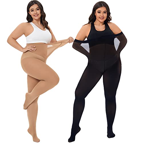 80D Plus Size Tights for Women, High Waist Semi Opaque Black+Suntan Stockings with XL-4XL3