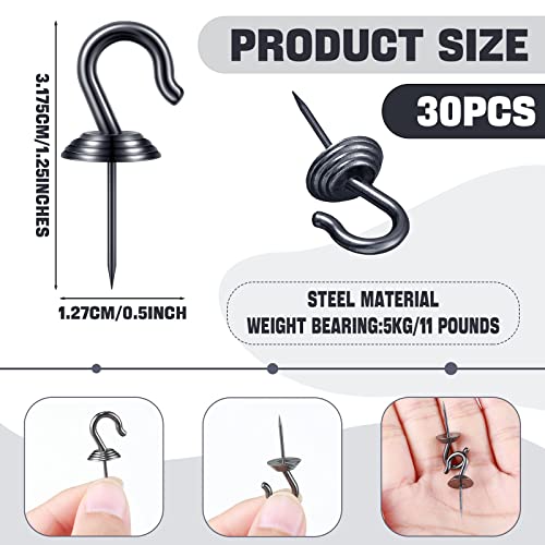 Image of Hotop 30 Pieces Push Pin Wall Hooks Metal Thumb Tack Hangers Iron Alloy Nail Decorative Picture Hooks for 20 Lbs Home Office School Party Supply (Black)