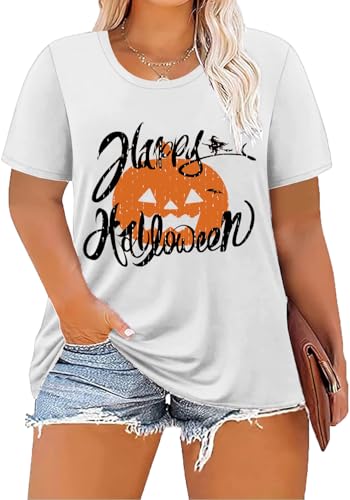 Image of ForHailey Women's Plus Size Halloween Shirts Fall Pumpkin T-Shirt Short Sleeve Graphic Tees Tops