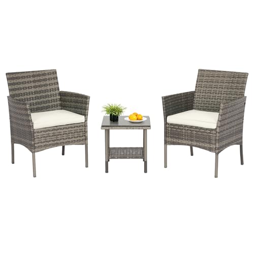 Image of FDW 3-Piece Patio Furniture Set | Gray & Khaki | Outdoor Wicker Furniture