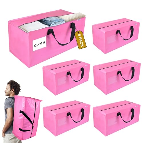 6 Pack Extra Large Moving Bags with Zippers, Backpack Straps & Reinforced Handles, Heavy Duty Storage Bags for Clothes, Moving, Space Saving, Pink