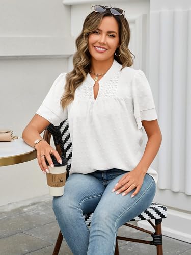 Bellcoco Tops for Women Summer Trendy Ruffle Sleeve Boho V Neck Blouses Cute Flowy Short Sleeve Swiss Dot Shirts(White,Medium) — view 5