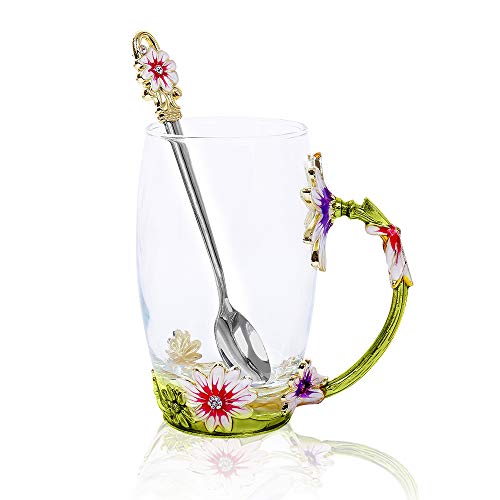 POSTWAVE Tea Cup Coffee Mug Cups Clear Glass & Spoon Handmade Daisy Flower